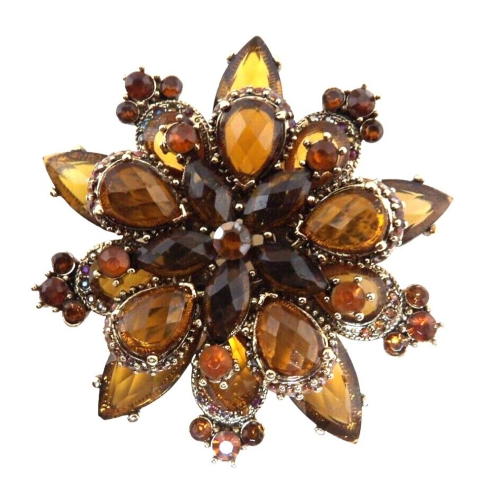Rootbeer Brown and Amber Colored Faux Stone Faceted Vintage Brooch Pin Unmarked
